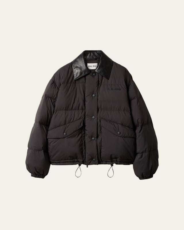 Printed Logo Leather Collar Oversized Down Jacket